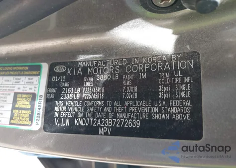 2011 Kia Soul Sport z USA, uszkodzony, nr VIN KNDJT2A23B7272639